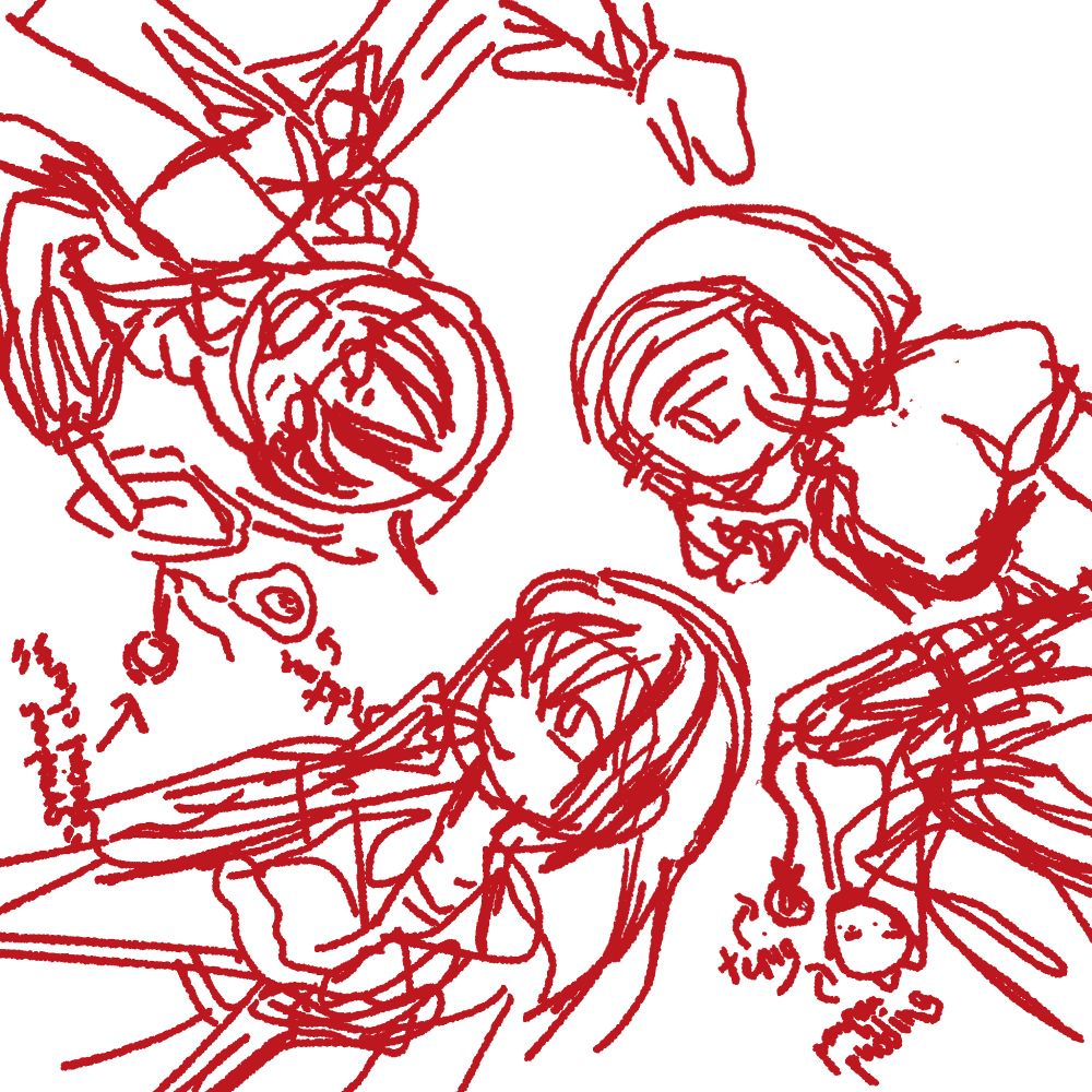 Work in progress digital sketch art of Nanao, Yui, and Ellen from Robot Alchemic Drive laying on the grass getting ready to play their DSs together (they found Nanao’s!) 