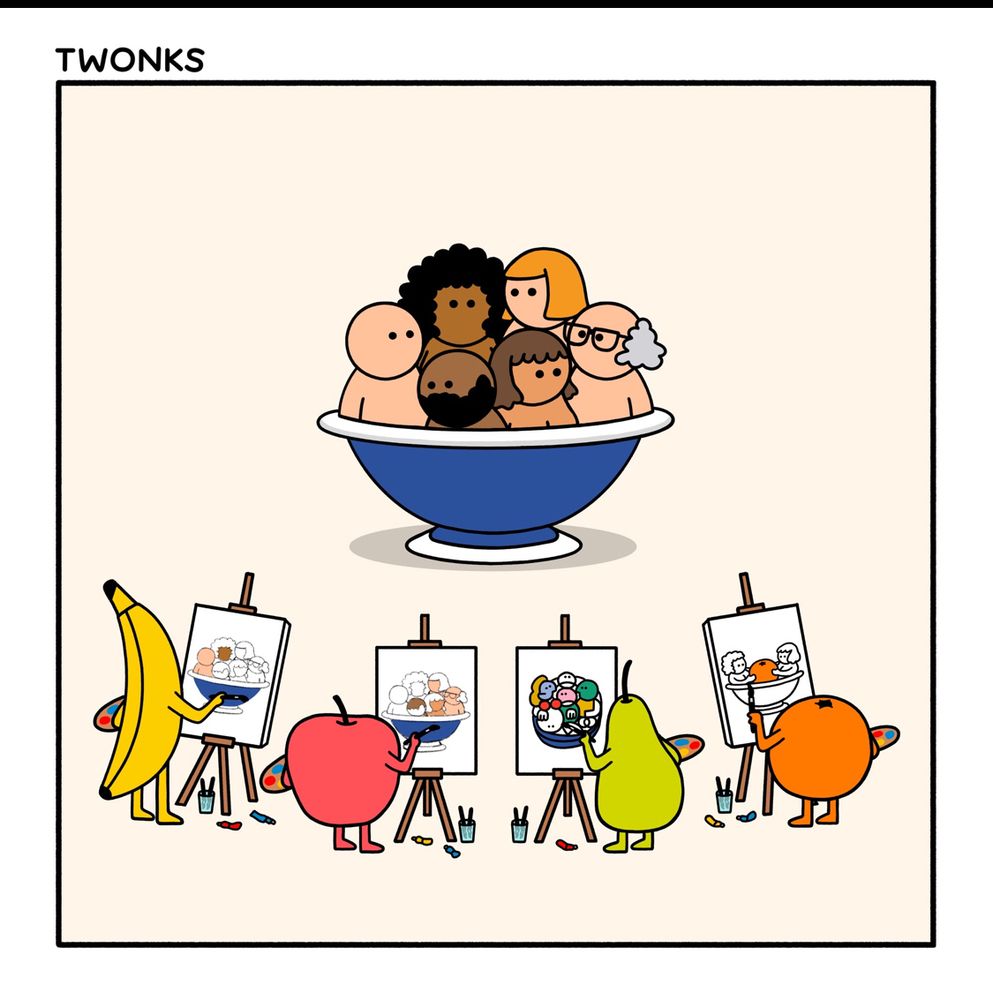 An art class of fruits-apple, banana, etc- each painting a bowl of nude humans. 