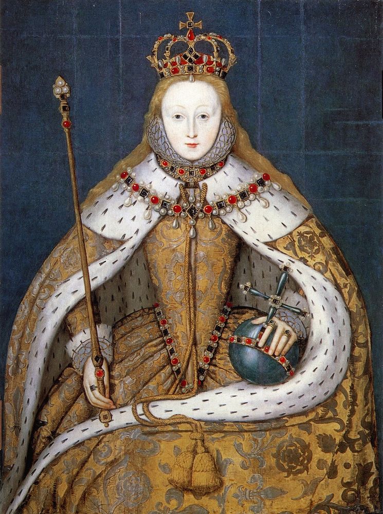 A famous portrait of Queen Elizabeth I on her coronation day wearing a dress and cape of cloth of gold. Her hair is also down, and it matches the color of the vestments. She is holding a globe and staff and wearing an elaborate crown.