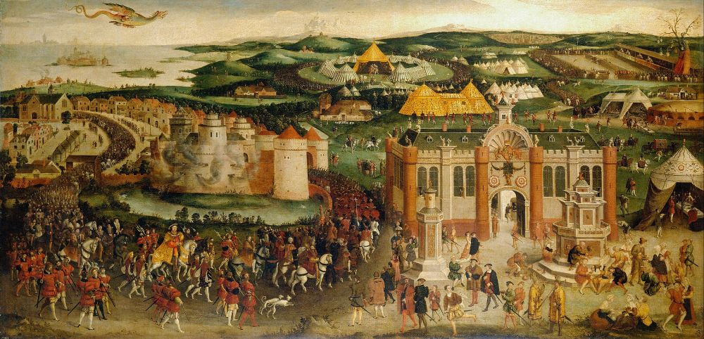 A slightly later depiction of the Field of Cloth of Gold, with a dizzying assortment of attendees, Henry VIII decked in gold, and the gold tents in the distance of a French countryside.