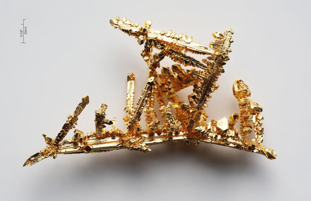 A artificially grown gold piece that looks like growing tendrils of crystal, on a white background. From Wikipedia: By Alchemist-hp (talk) www.pse-mendelejew.de - Own work, CC BY-SA 3.0 