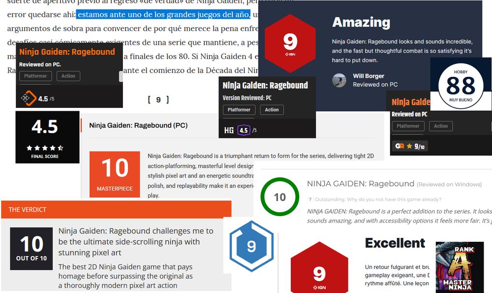 A collage showing scores for Ninja Gaiden Ragebound in different media, with most of them showing 10 or 9
