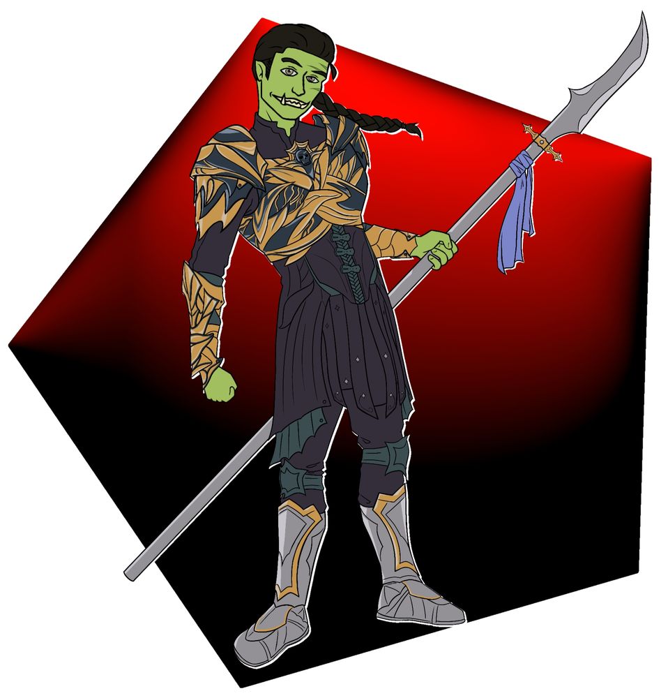 DnD character. Half-ork Paladin in plate armour based on Mintharas armour from Baldurs Gate 3.