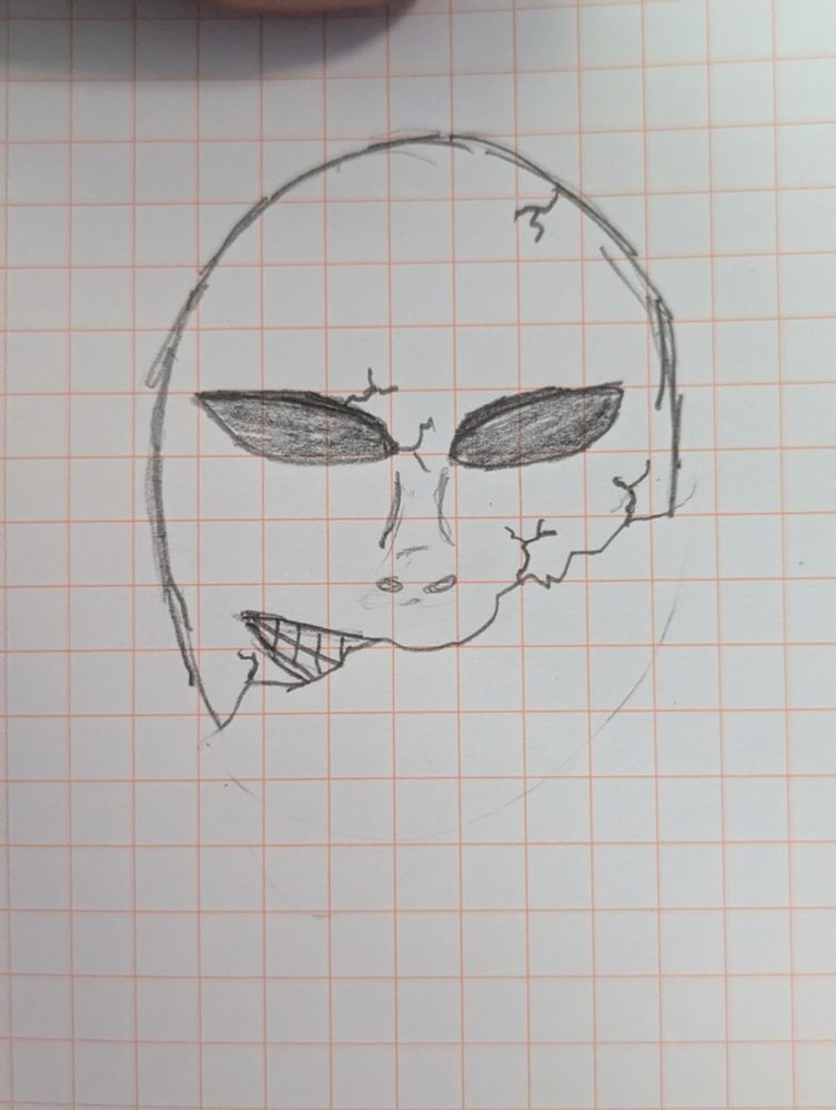 Sketch of a ceramic face mask in the Venetian style with the lower third broken off. Done by me.