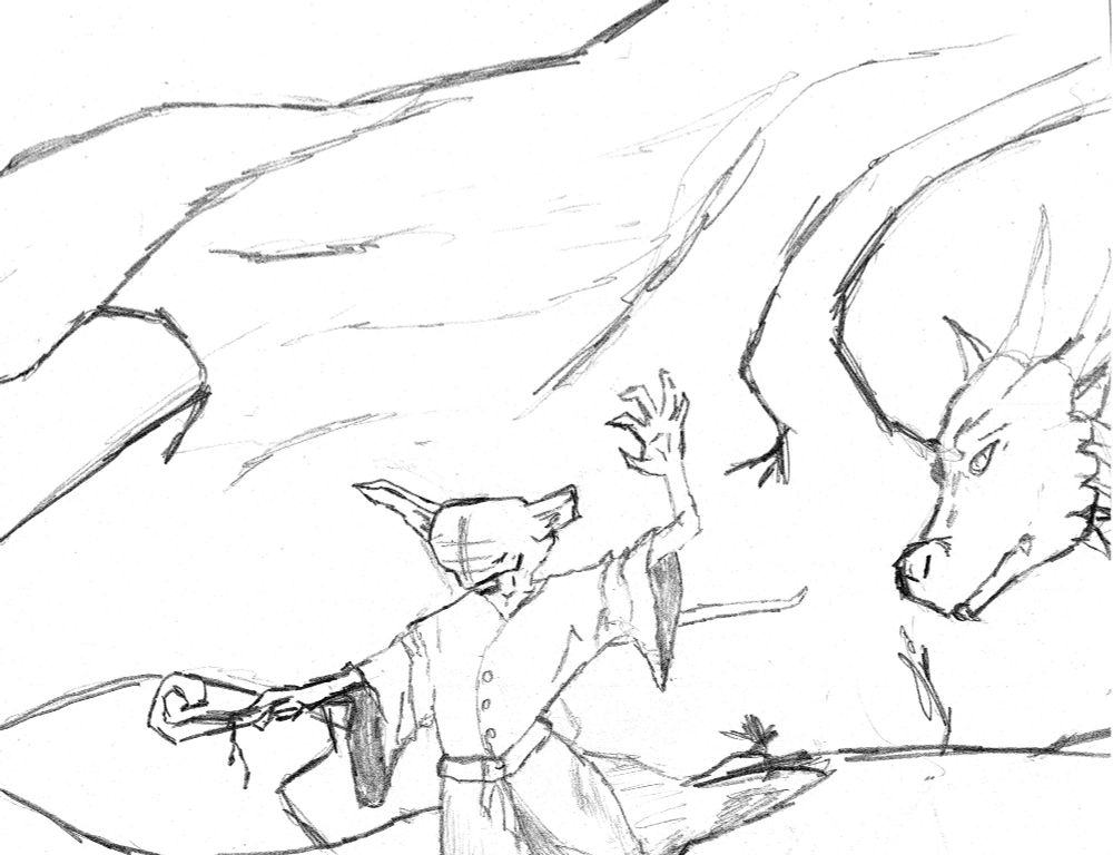 Sketch from my brother of a goblin wearing robes and wielding a staff, with a dragon in the background.