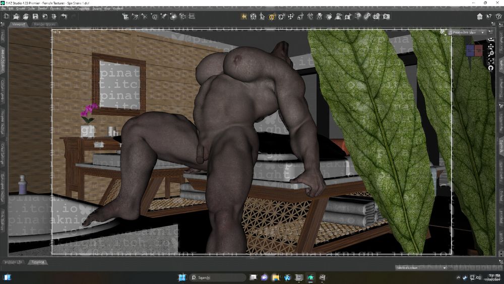 A screenshot of a 3D modeling software called DAZ3D, featuring frontal nudity and a highly muscular anthropomorphic canine in a spa, stretching his spine over a massage table.