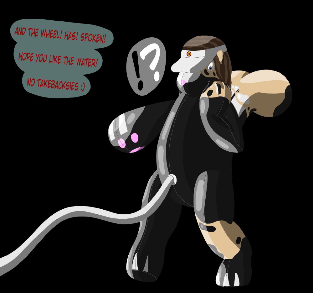 Rec's human OC being transformed into an inflatable skunk by an air hose. He feels at the printed-on smirk where his mouth was, and stumbles back in confusion.

An off-screen person says, "And the wheel! Has! Spoken! Hope you like the water! No takebacksies :)"