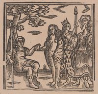 Four figures: a shepherd, a naked woman wrapped in a cloak, a figure with a crown and a gown of triangles and someone in classical armor. 