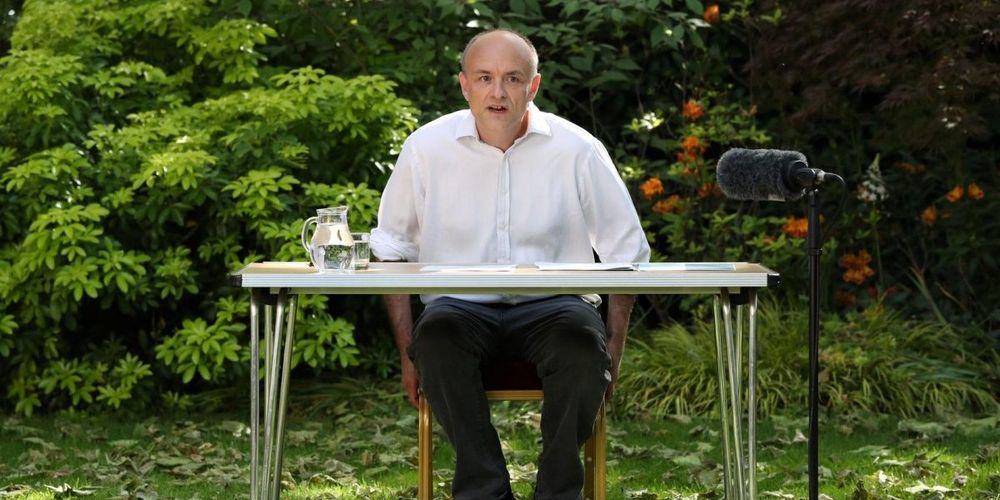Dominic Cummings sitting at a wee desk in the Downing Street garden, trying to defend his inexplicable breaches of his own government's lockdown laws when he drove to Durham then Barnard Castle to 'test his eyesight'.