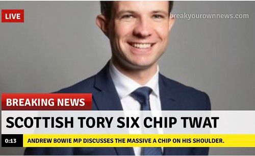 A mocked-up image portraying Scottish Tory MP Andrew Bowie. The graphic says, 'Live - Breaking News', then quotes one of the most famous online insults lobbed at Bowie ('Scottish Tory Six Chip Twat'), with the tagline saying, 'Andrew Bowie MP dicsusses the massive chip on his shoulder.'