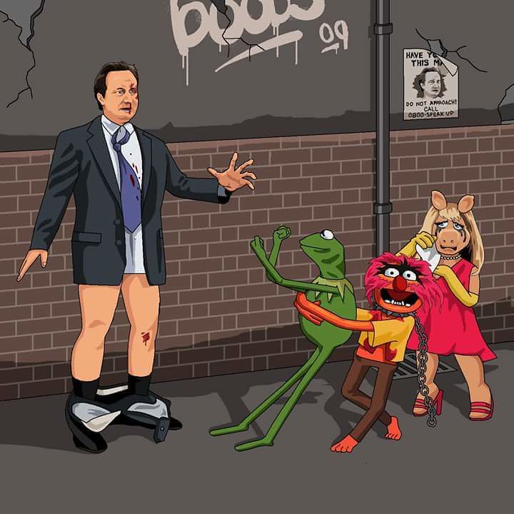 A cartoon of David Cameron caught with this trosuers down near Miss Piggy, as Kermit The Frog threatens to punch the disgraced former Prime Minister while being physically restrained by Animal. The cartoon is responding to the obscene allegations in a serialised book from an ex-colleague that detail obscene situation involving Cameron and a dead pig's head at Oxford University.