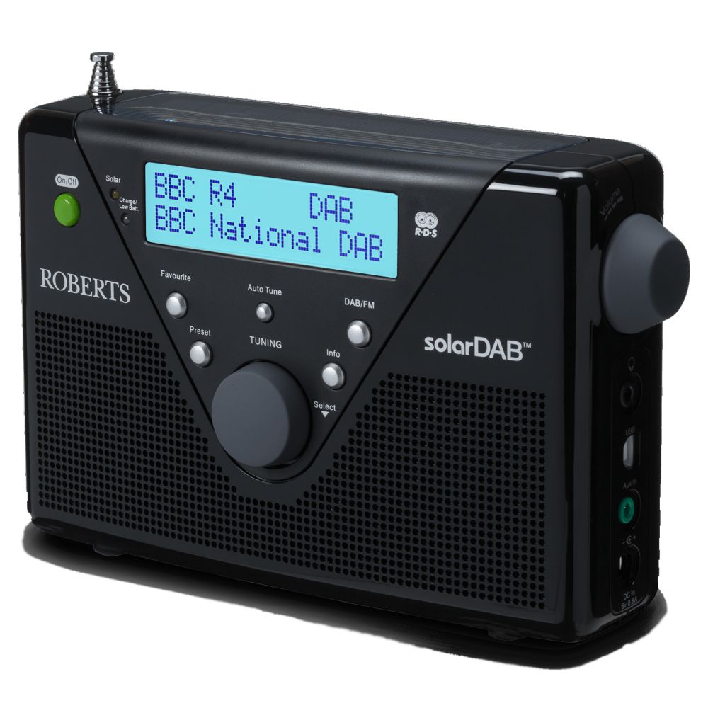 A Roberts SolarDAB digital radio, tuned to BBC Radio 4.