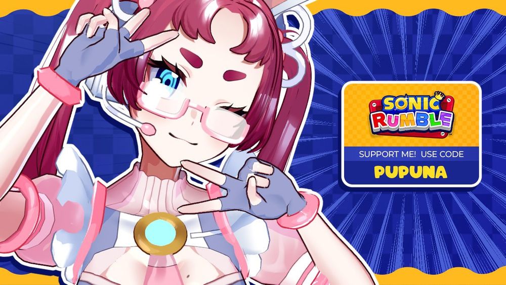 Vtuber Mai Pupuna making two peace signs. There's a Sonic Rumble logo next to her. The text reads "Support me! Use code PUPUNA"