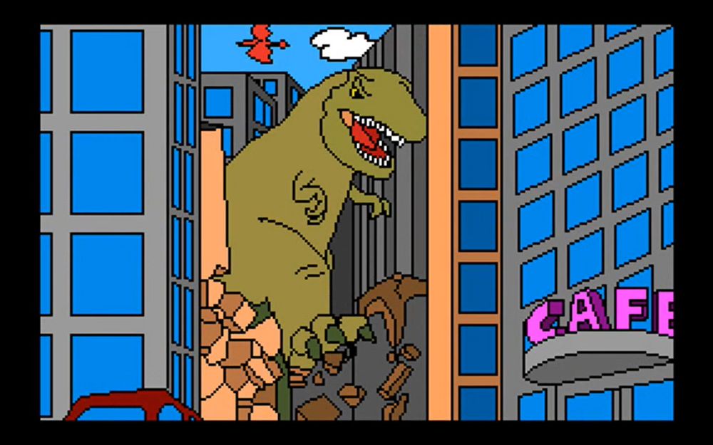 An oversized t rex rampages through a city Godzilla style.