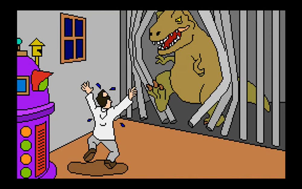 The mad scientist is horrified as unpright walking Rex breaks out of a prison cell, a werd device behind him.