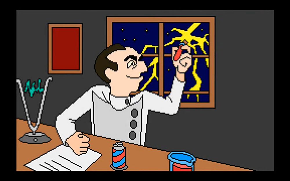 A cartoon of a cartoonish looking mad scientist holds a vial of DNA in a lightning storm.