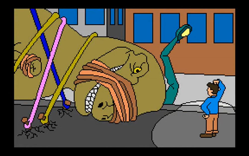 A guy scratching a hesd at a tied up rex.
