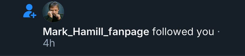 A screen shot of the Bluesky notice that Mark Hamill followed me. In the background IRL I am jumping up and down shouting squeeeeeeee!