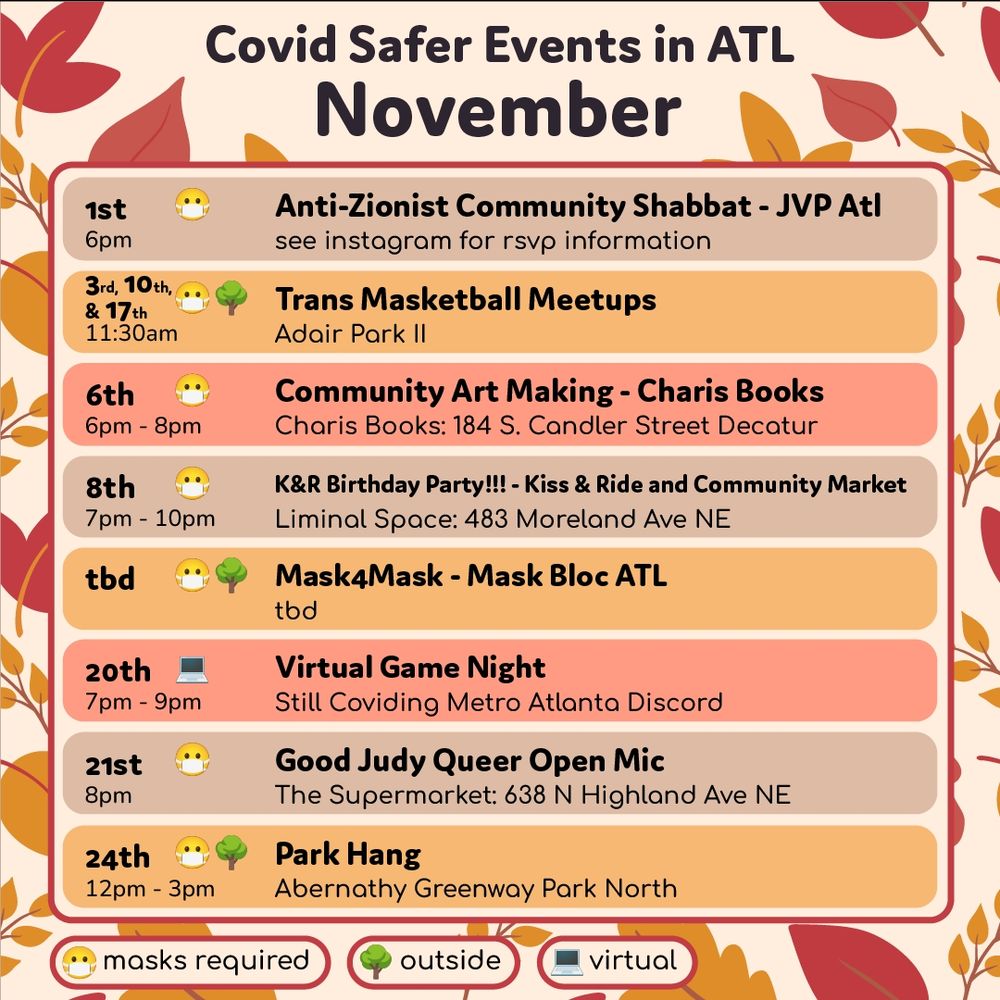Local Masked November Events

November 1st at 6pm. Anti-Zionist Community Shabbat hosted by Jewish Voices for Peace Atlanta. Masks required. See instagram for rsvp information. @jvp.atlanta

November 3rd, 10th, and 17th, at 11:30am. Trans Masketball Meetups at Adair Park 2. Bring a basketball if you have one. Masks required and outdoors. @transmasketballatl 


November 6th from 6pm to 8pm. Community Art Making hosted by Charis Books, 184 S. Candler Street Decatur. Masks required. @charisbooksandmore


November 8th from 7pm to 10pm. K&R Birthday Party!!! Hosted by Kiss & Ride and Community Market at Liminal Space, 483 Moreland Ave NE. Masks required. @kissandrideatl @communitymarkeratlanta 


Date, time, and location to be decided. Mask4Mask hosted by Mask Bloc ATL. Post will be updated with details once they are available. @maskblocatl


November 20th from 7pm to 9pm. Virtual Game Night hosted in the Still Coviding Metro Atlanta Discord.


November 21st at 8pm. Good Judy Queer Open Mic at The Supermarket, 638 N Highland Ave NE. Masks required. @goodjudymic


November 24th from 12pm to 3pm. Park Hang at Abernathy Greenway Park North. Bring a camping chair if you can in case seating is limited. Masks required and outdoors. @ guesswhokristen
