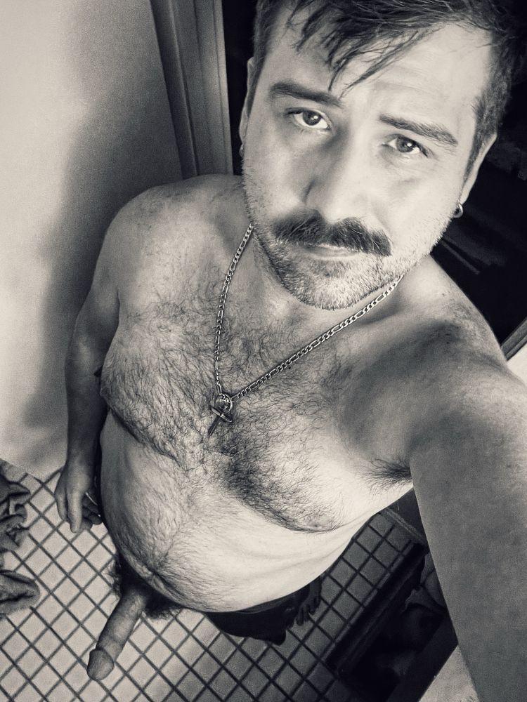 Me with a boner from above in B&W 