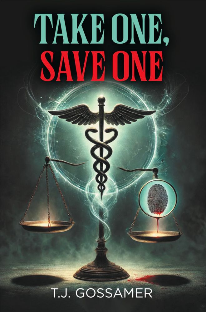 Dark book cover with title Take One, Save One above a Caduceus and imbalanced scales of justice. One scale has a bloody thumbprint and blood beneath it. The author name TJ Gossamer is listed at the bottom. 