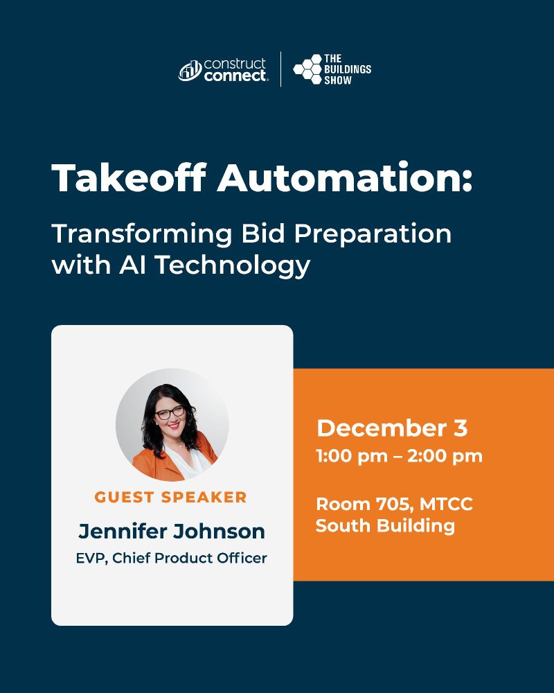 Promotional poster for a seminar titled 'Takeoff Automation: Transforming Bid Preparation with AI Technology,' featuring guest Jennifer Johnson, EVP, Chief Product Officer. Event scheduled December 3, 1:00 pm to 2:00 pm in Room 705, MTCC. Includes ConstructConnect and Behind the Build logos.