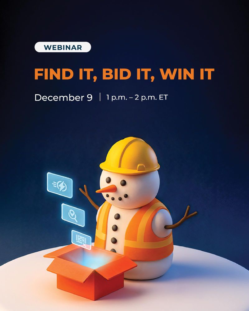 Promotional image for a webinar titled "Find It, Bid It, Win It" on December 9, from 1 p.m. to 2 p.m. ET, featuring an illustrated character with a snowman design wearing a hard hat and safety vest, standing next to a glowing box with icons floating above it.