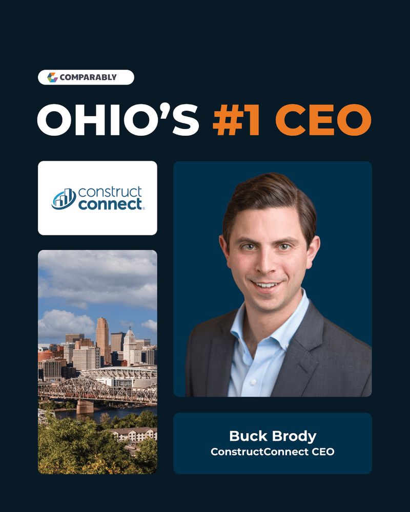 Image showing a graphic highlighting "Ohio's #1 CEO" with the ConstructConnect logo, a photo of a cityscape featuring a bridge, and a portrait of a man in a suit, identified as Buck Brody, the CEO of ConstructConnect.