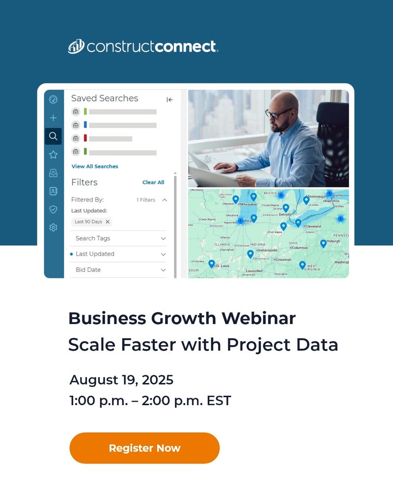 A webinar advertisement for "Business Growth Webinar: Scale Faster with Project Data" by ConstructConnect. The image features a man in a blue shirt working at a desk with a laptop, alongside a map with blue location markers. Text details the date and time as August 19, 2025, from 1:00 p.m. to 2:00 p.m. EST, and includes a "Register Now" button.