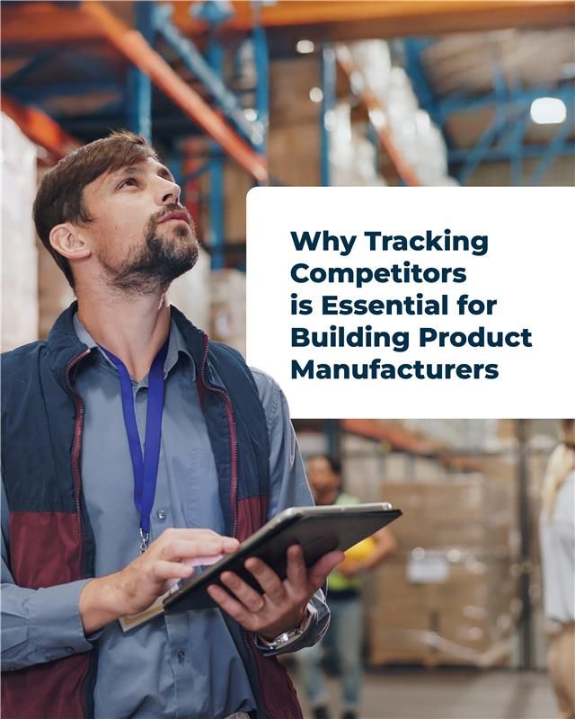 Person holding a tablet in a warehouse, with a presentation slide titled "Why Tracking Competitors is Essential for Building Product Manufacturers" visible on the screen.