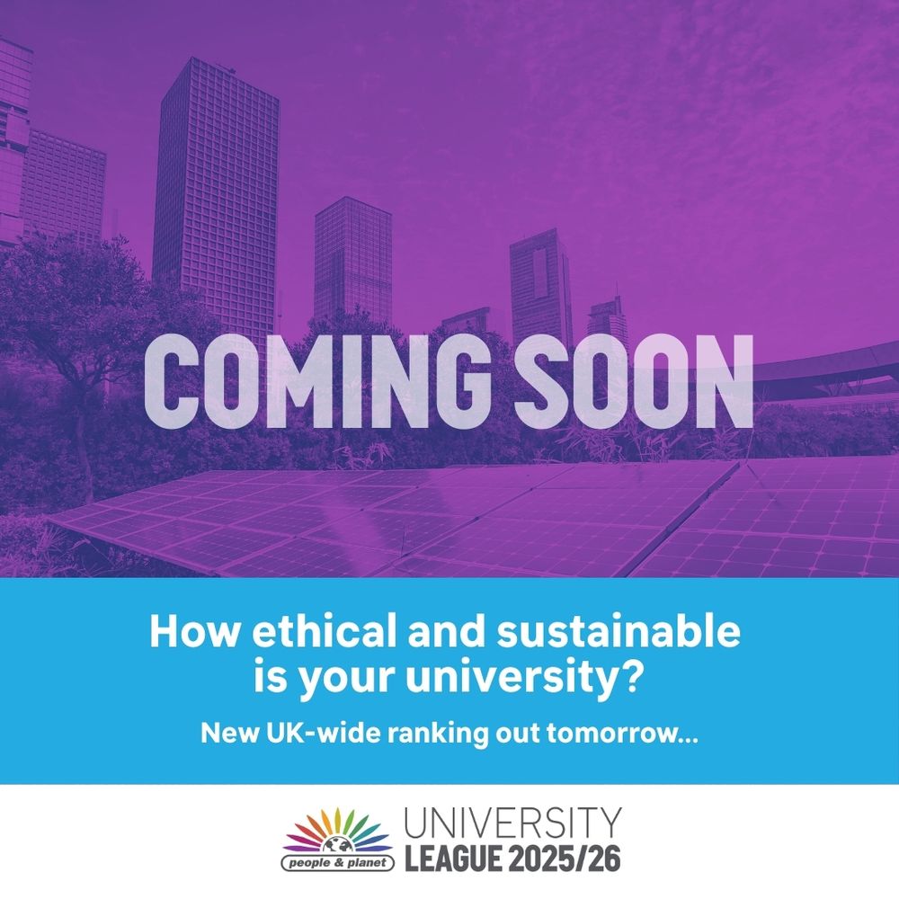 Image shows solar panels with high rise buildings. Text reads: Coming soon: How ethical and sustainable is your university? New UK-wide ranking out tomorrow...