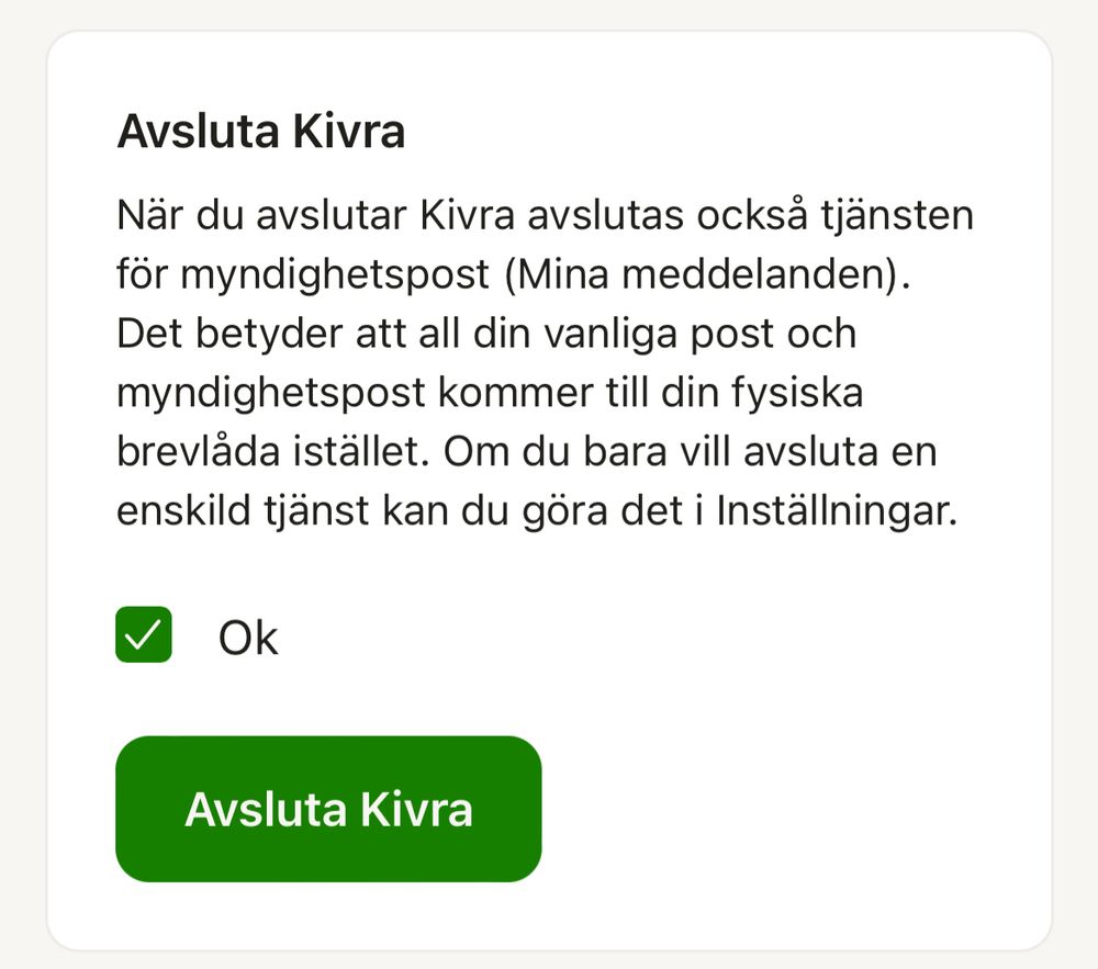 Sidan där man avslutar Kivra