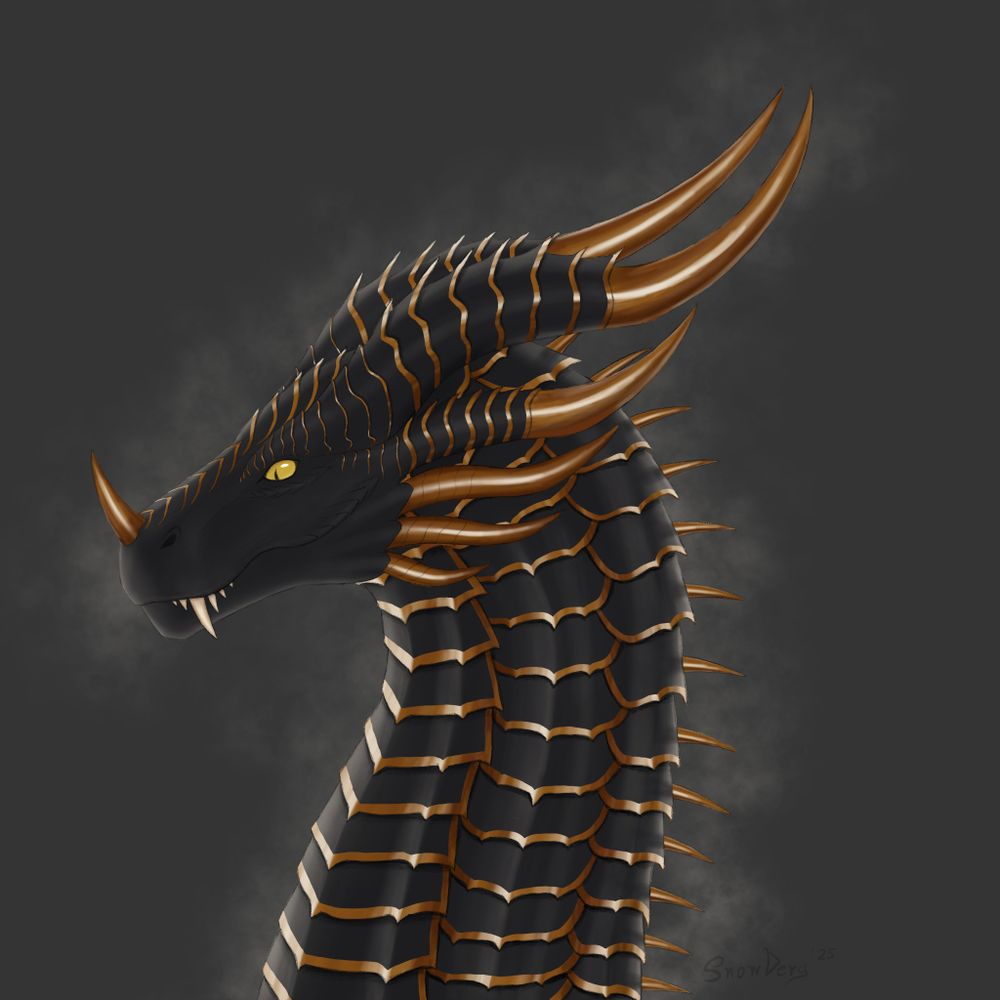 bust of a black dragon with large scales with gold rims, golden horns, long fangs