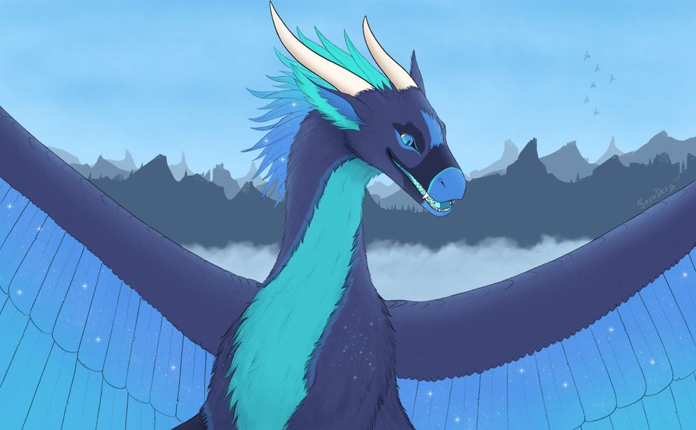 drawing of a blue fluffy raptor-dragon with spread feather wings. distant mountain background with blue sky