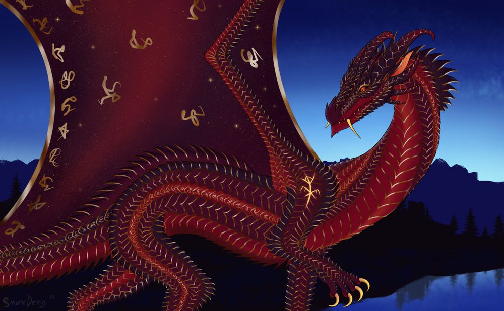 drawing of a red dragon with lots of scales with golden rims, large fangs and claws, open wings. blue twilight sky background