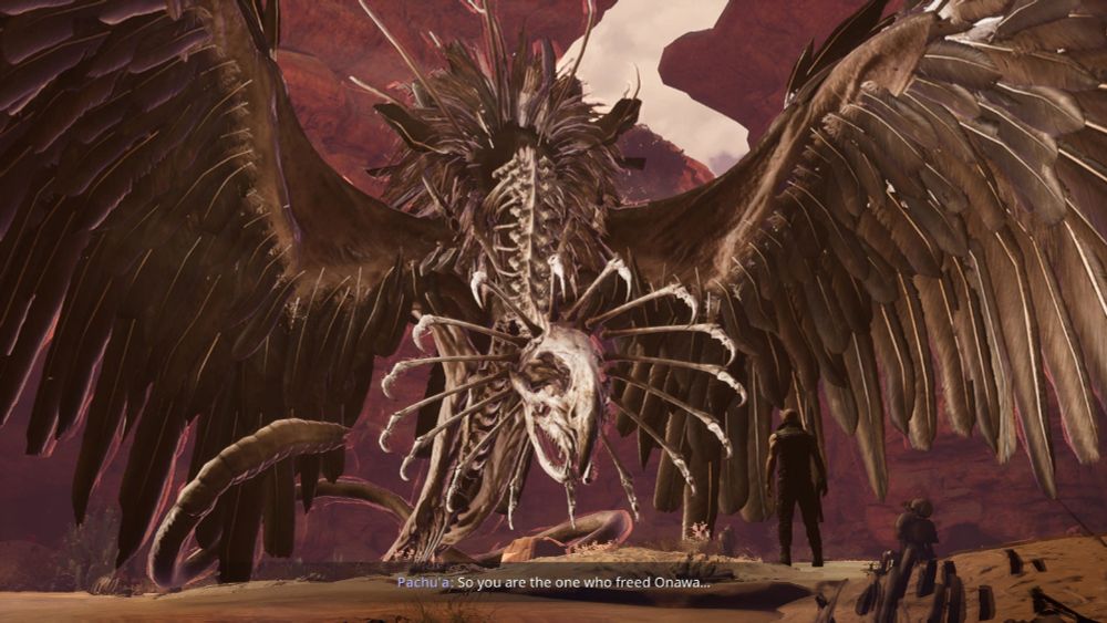 A screen-shot from Werewolf the Apocalypse Earth Blood, featuring a gigantic semi-feathered skeletal bird looking spirit. I like em.