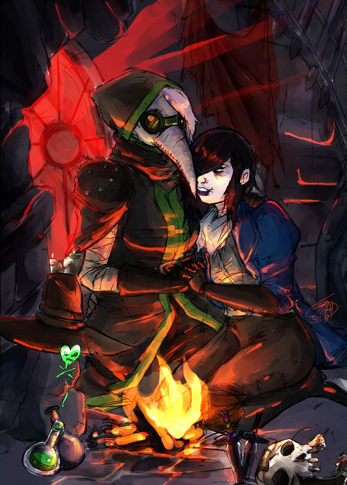 Darkest Dungeon fan art (circa 2019) that was an anniversary gift for my girlfriend :3 with them as the Plague Doctor and myself as the Grave Robber having a little rest in the ruins around a campfire. I still like this one. 

Mechanical Pencil on cheap ass sketchbook paper, coloured in Open Canvas 1.1
