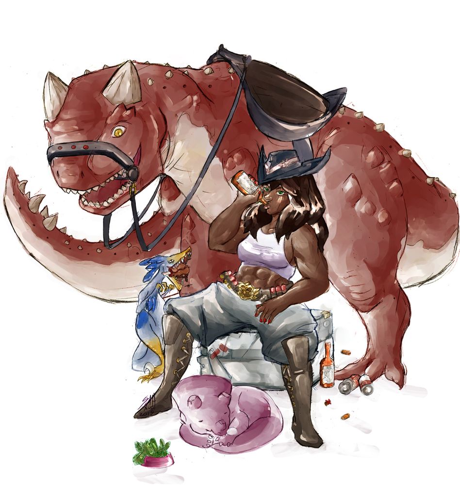 an illustration of Johnny Sweet, a buff dark skinned cowgirl, drinking some kinda booze while sitting on what is probably an ammo crate. a sleeping baby triceratops rests at her feet by a bowl of greens, while a blue feathered raptor chews on a leg of meat and a big red, besaddled carnotaurus looms behind them, he has a big toothy grin.