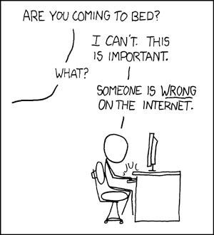 An XKCD comic. A man is typing on the computer and someone offscreen says "are you coming to bed?" "I can't, this is important." "What?" "Someone is WRONG on the internet."