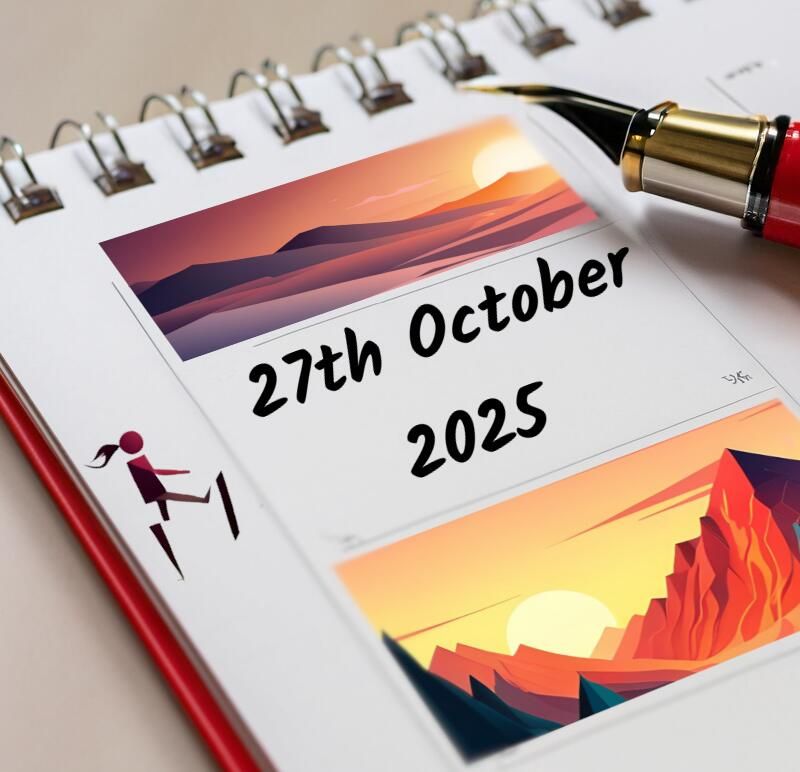 A spiral bound calendar page with a pen in the top right corner, in the centre is the date 27th October 2025