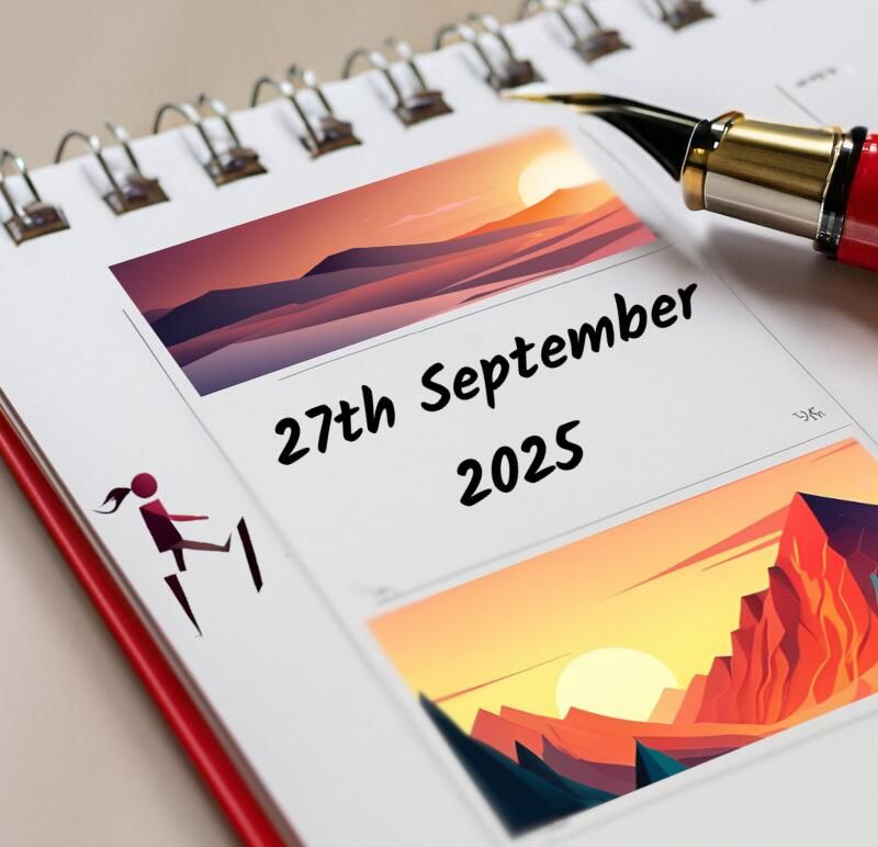 A spiral bound calendar page with a pen in the top right corner, in the centre is the date 27th September 2025