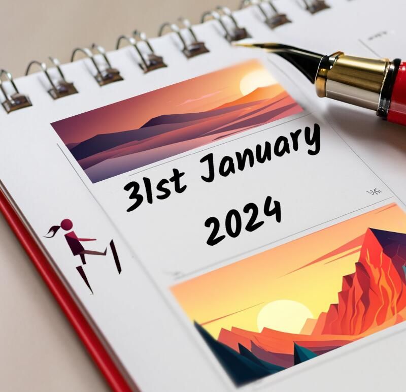 A spiral bound calendar page with a pen in the top right corner, in the centre is the date 31st January 2024