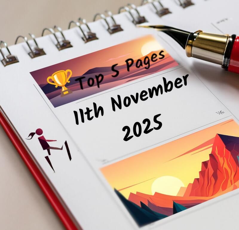 A spiral bound calendar page with a red pen in the top right corner and the words 'Top 5 pages', in the centre is the date 11th November 2025