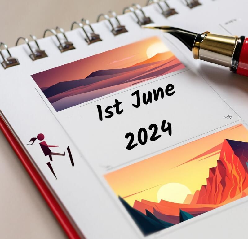 A spiral bound calendar page with a pen in the top right corner, in the centre is the date 01st June 2024
