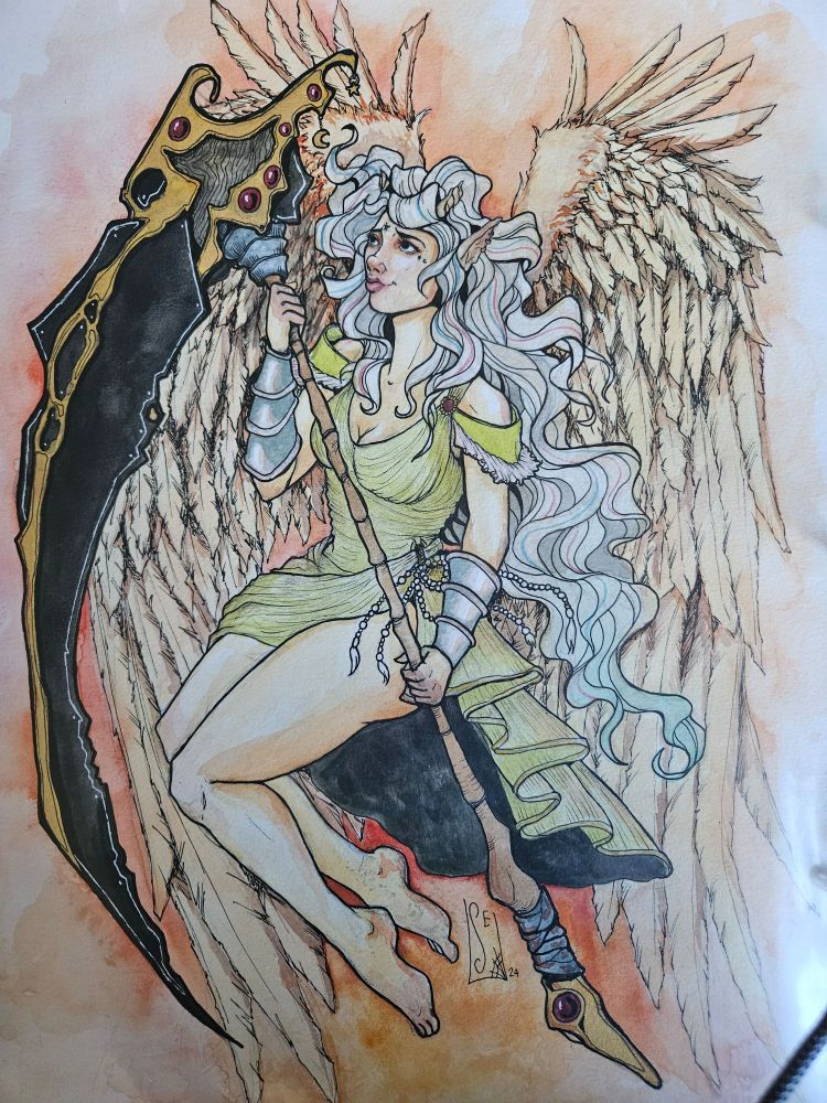 An angel holding a scythe, she has long silver hair, a pale green dress and huge gold wings. 