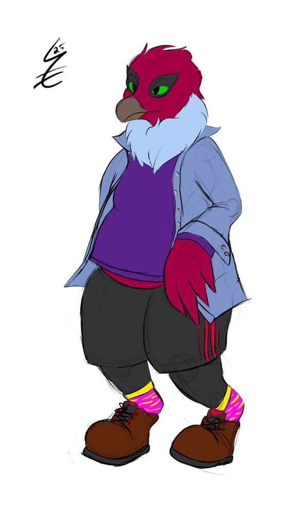 My fursona, a reddish vulture, wearing a long-sleeved open blue button-down shirt with the collar just let loose, over a purple long-sleeved tee that lets my belly peek out. Below that, black basketball shorts over black leggings, hot pink and neon yellow tiger striped socks, and brown leather hiking boots.