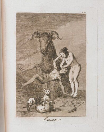 binding: mottled calf, gilt tooled with a green panel on spine lettered: CAPRICH DE GOYA; endpapers: contemporary Spanish marbled papers
Francisco Goya’s series Los Caprichos contains layers of meaning that even today challenge the modern viewer. Mia’s copy is a rare presentation proof containing early printings of all eighty images. In the first half, Goya explored themes of superstition, sensuality, greed, and violence with scenes set in Spanish brothels, salons, and prisons. The second half is given over to fantastic images from the artist’s dreams and nightmares. Even though Goya tried to disguise his attacks on Spanish society, he withdrew the set from sale because he had been reported to the Inquisition, a tribunal that ruled with lethal authority.