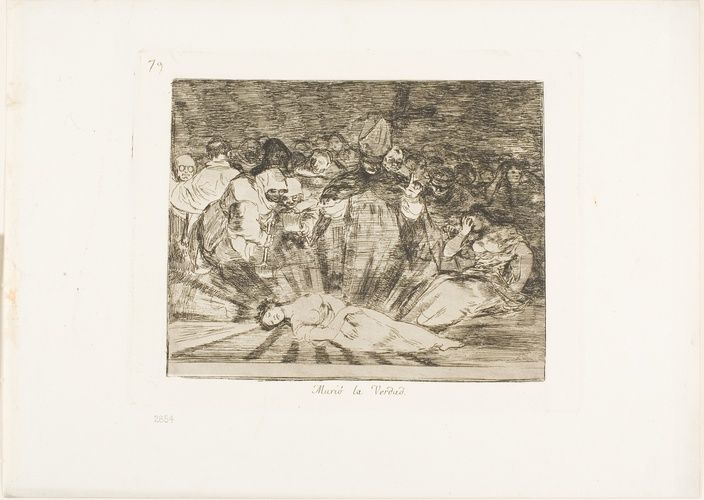 Though not the last plate of the series, this print finalizes its central themes in a profound manner, claiming that truth itself is dead. Here, personified by a shining corpse about to be buried, truth connotes constitutional liberty. Justice is featured at the right, clasping her scales in her left hand. She covers her face, perhaps weeping, as if she cannot bear the scene before her. By ending the series on this note of despair, Francisco de Goya brought an answer to the question of what must come to pass (plate one)—the final blow of war is that truth is dead and justice despondent.

Gift of J. C. Cebrian
