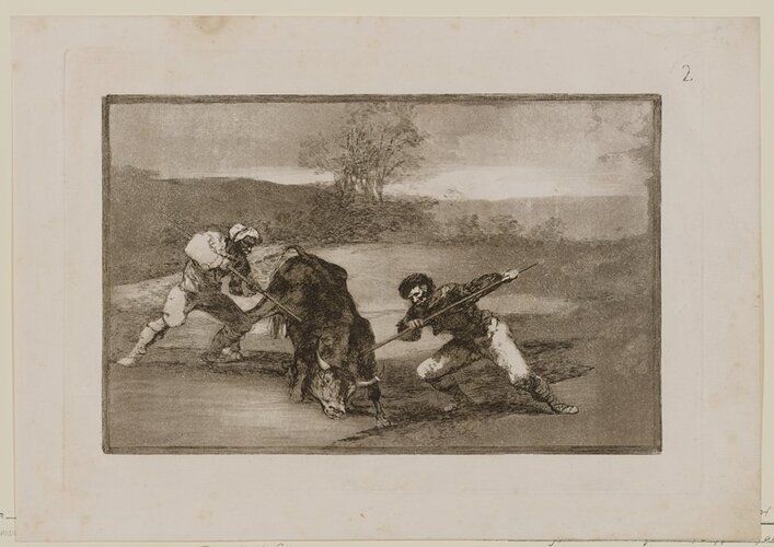 two men flanking a bull, each stabbing it with staffs, in the shoulder and PR side, in a spare grey landscape with trees at center middle ground
In the 33-print series "Tauromaquia," Goya traces the history of bullfighting in Spain, from men hunting in open fields, as seen in Otro modo de cazar á pie (Another Way of Hunting on Foot), to the modern, ritualized spectacle it became in the 18th century. Goya captures the brut nature of the bull, whose mournful expression shows defeat as he struggles submissively to lift his head. The print is technically sophisticated in its combination of etching, drypoint, engraving, and the new medium of aquatint, which Goya deployed to luminous, evocative effect.