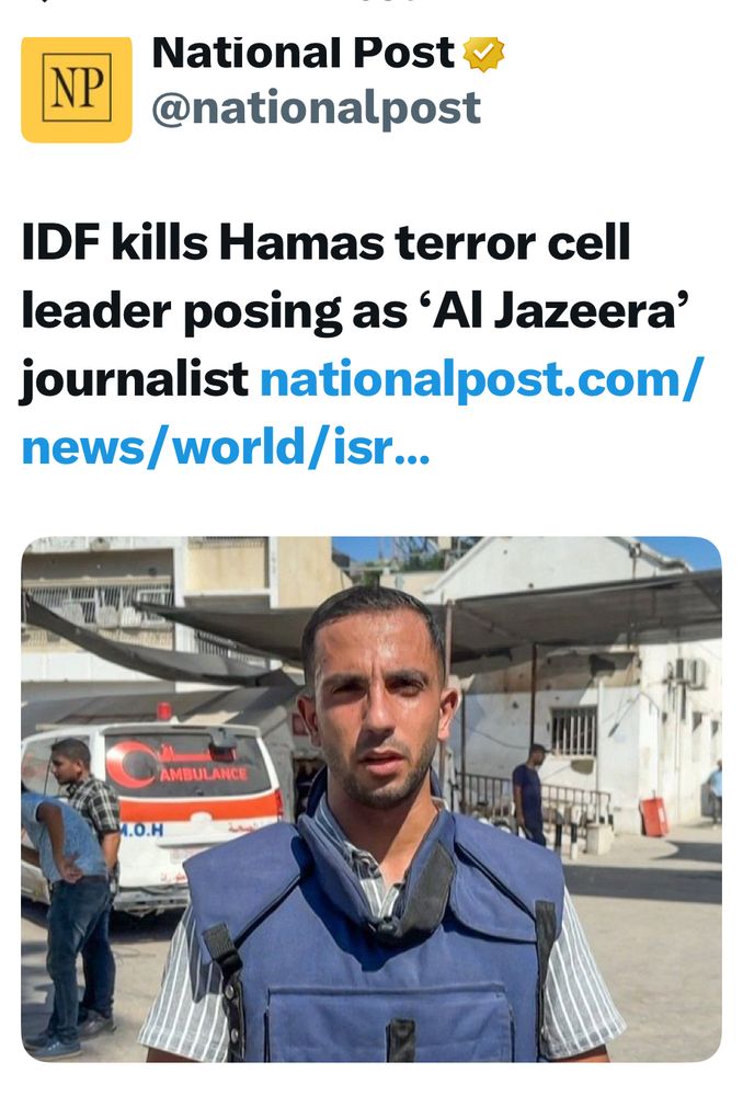 National Post headline that reads: IDF kills Hamas terror cell leader posing as ‘Al Jazeera’ journalist.